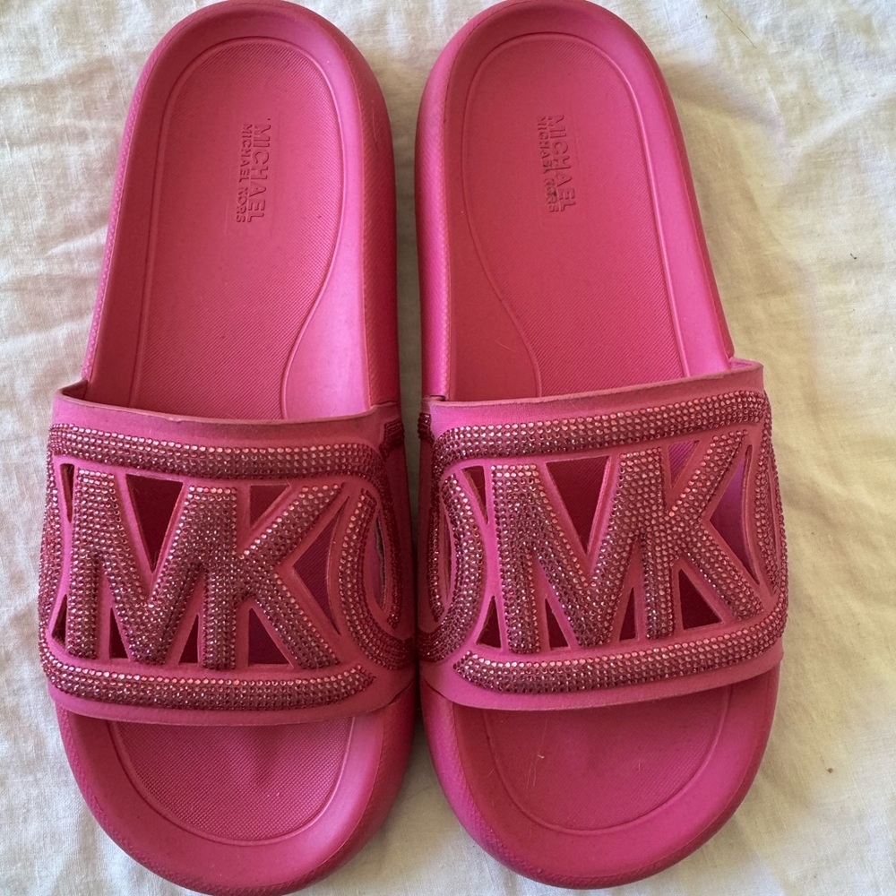 Michael Kors Pink Rhinestone Platform Slides MK Logo Sandals